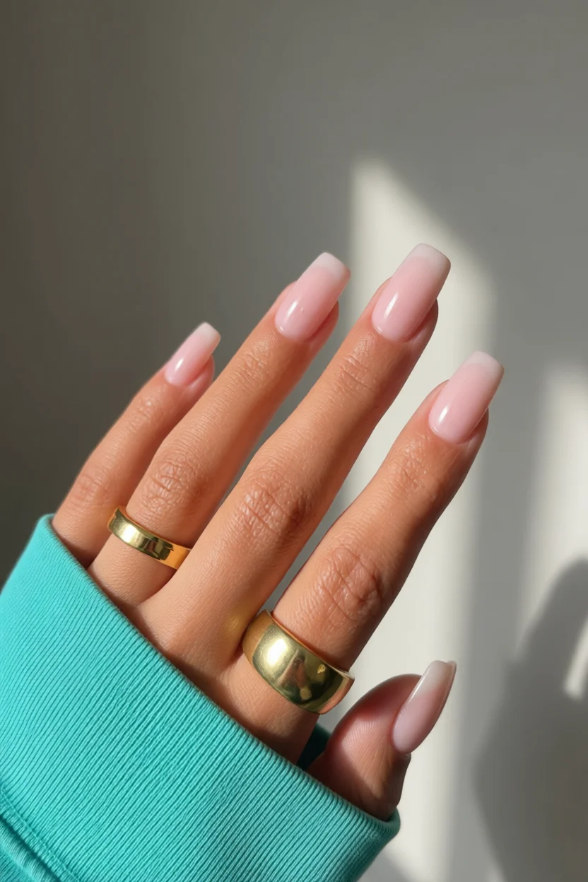 Uñas rosadas nude con degradado y brillo en forma cuadrada redondeada