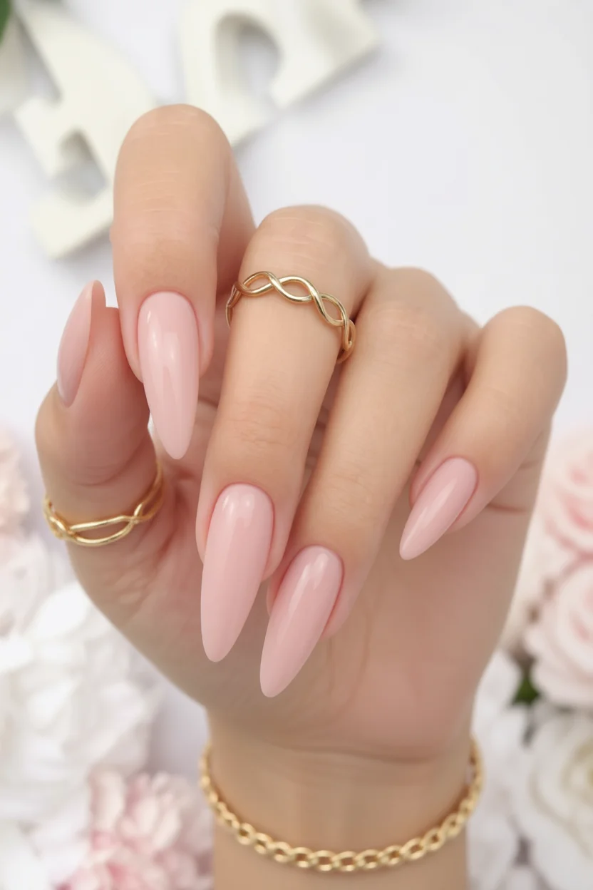 Mano con uñas largas forma almendra en rosa nude brillante y anillos dorados