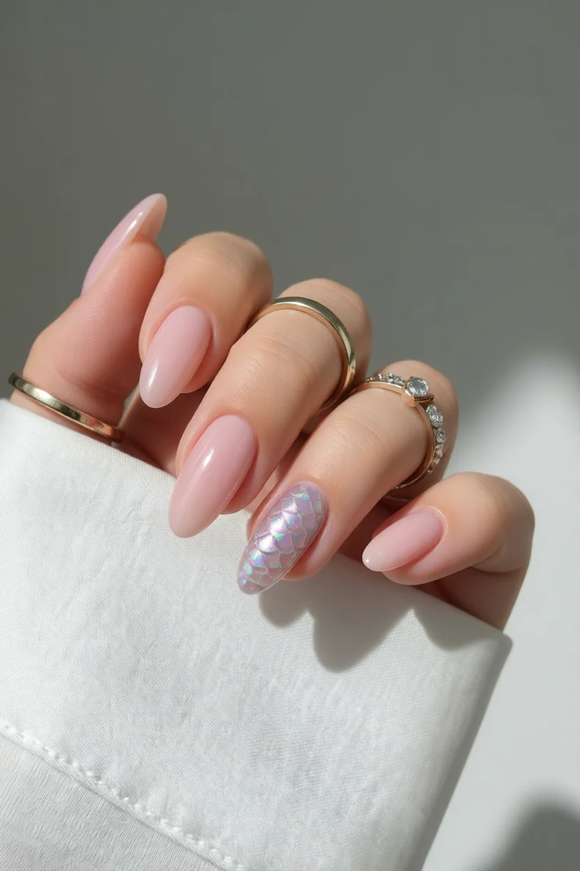 Mano con uñas almendradas en rosa pastel y diseño de escamas de sirena iridiscente en uña central