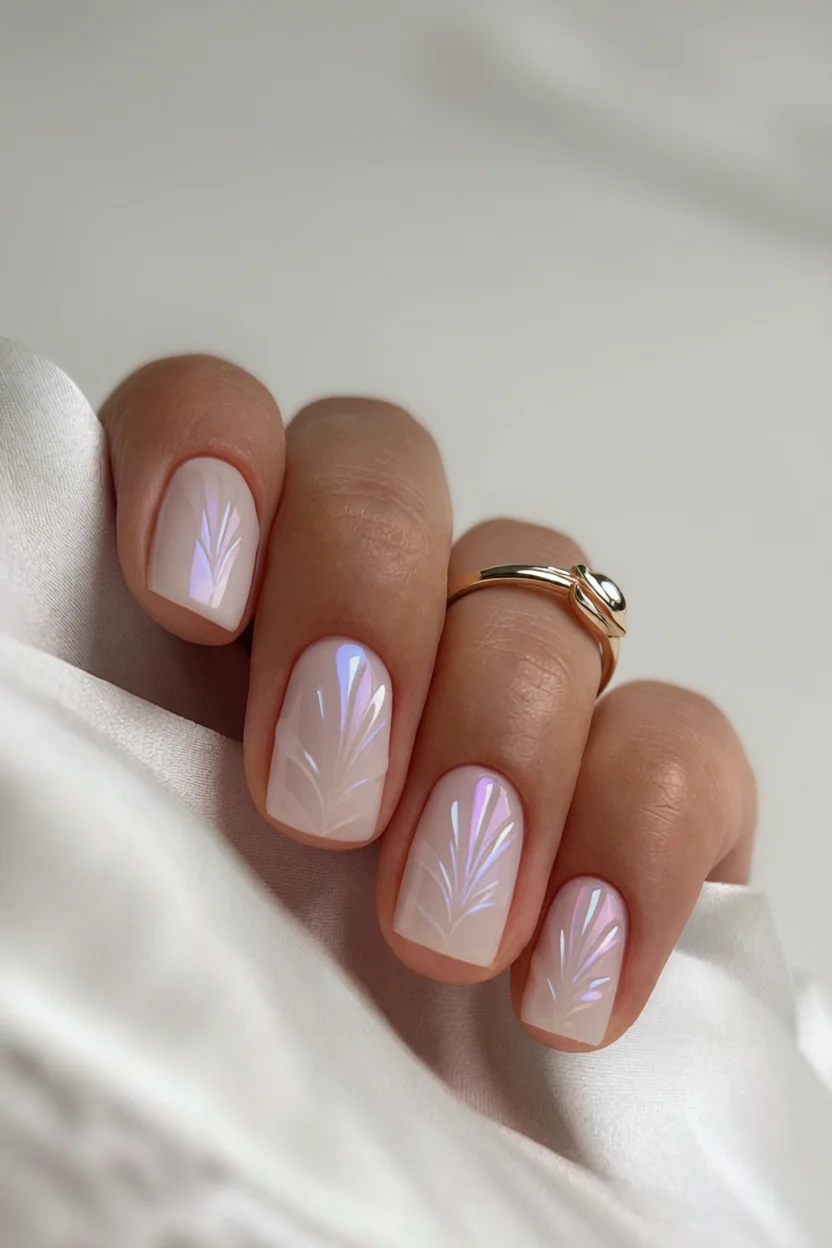 Uñas almendradas rosa con palmeras iridiscentes