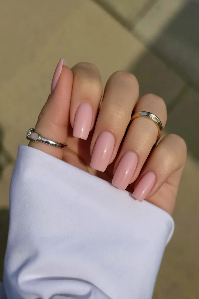 Uñas largas en forma de almendra con esmalte rosa pastel brillante y acabado glossy