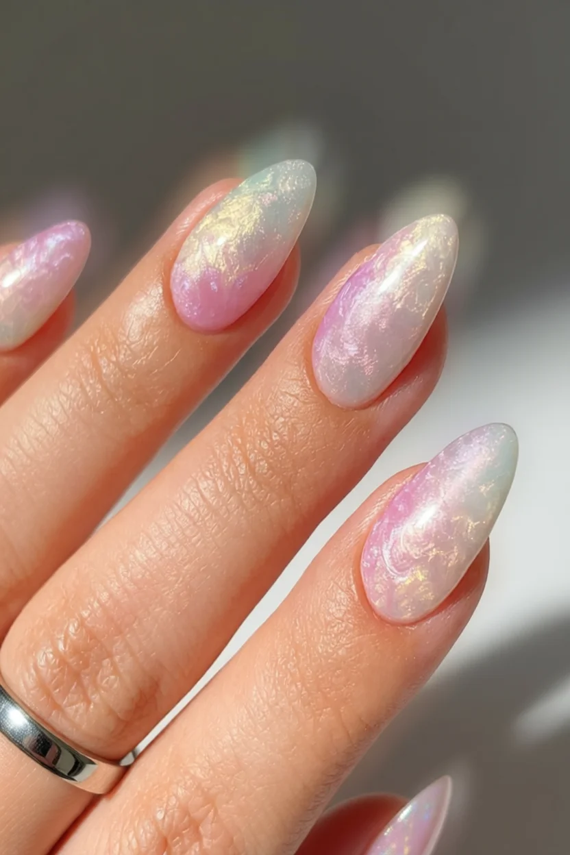 Manicura almendrada con base perlada rosa y blanca y brillos dorados iridiscentes
