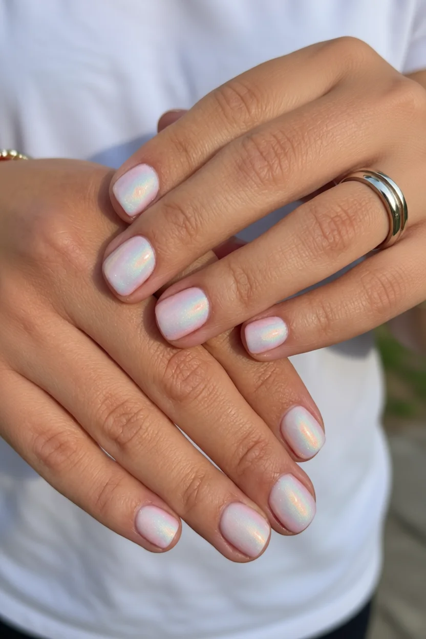 Uñas cortas redondeadas con brillo iridiscente en tonos rosa pastel y blanco perla