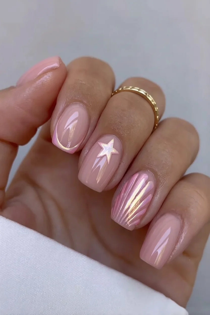 Mano con uñas rosadas cortas, estrella nacarada y concha metalizada en rosa y dorado