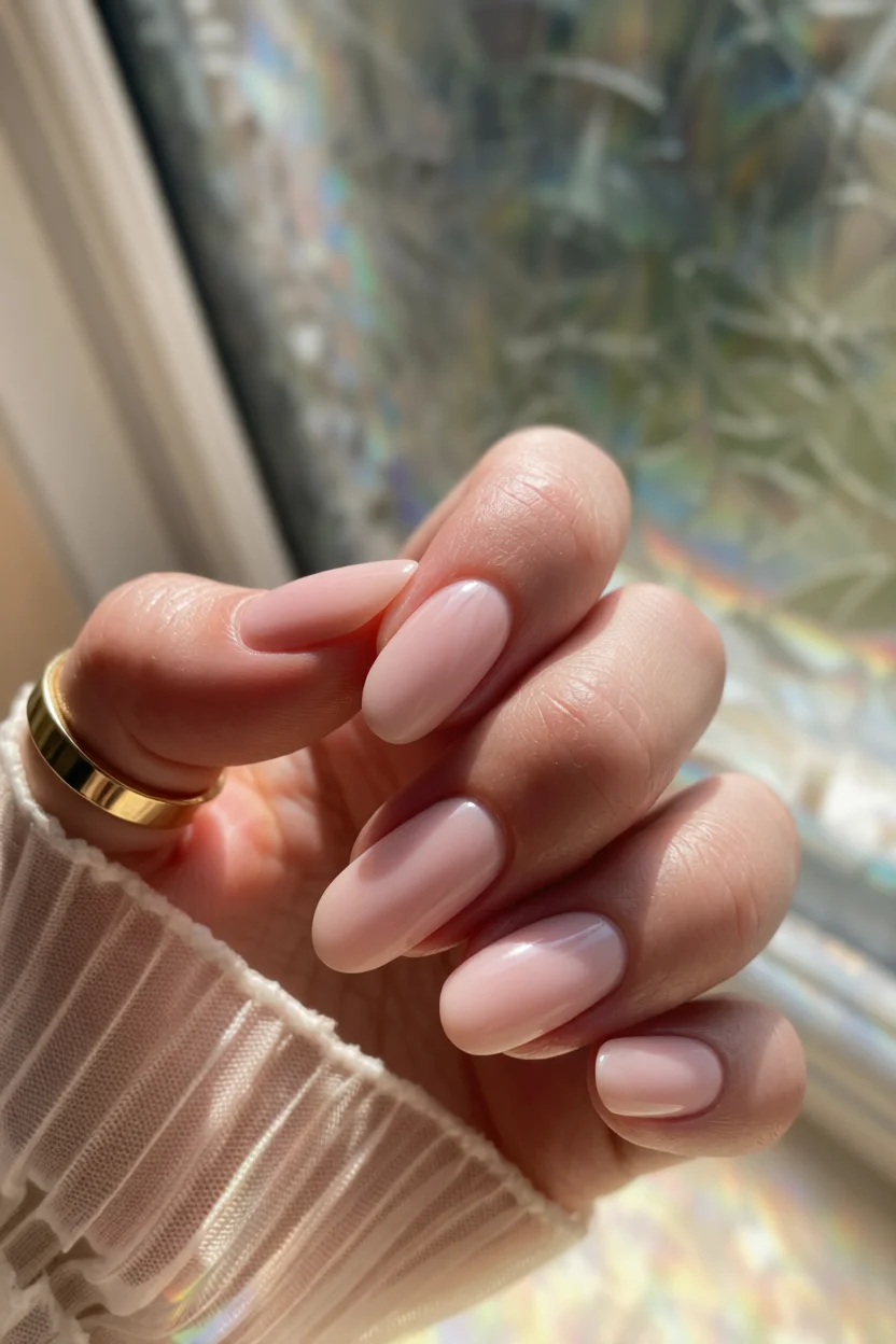 Manicura en forma de almendra con esmalte rosa nude brillante