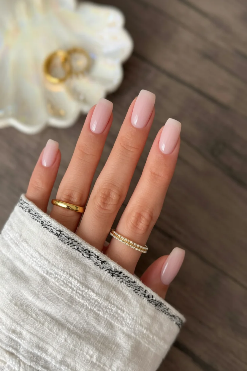 Uñas ovaladas largas con esmalte rosa pálido nude brillante