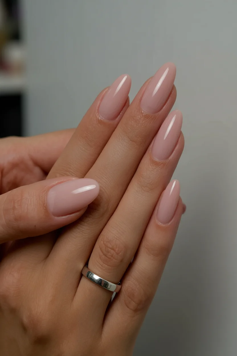 Mano con uñas largas forma almendrada en rosa pastel brillante y anillo de plata