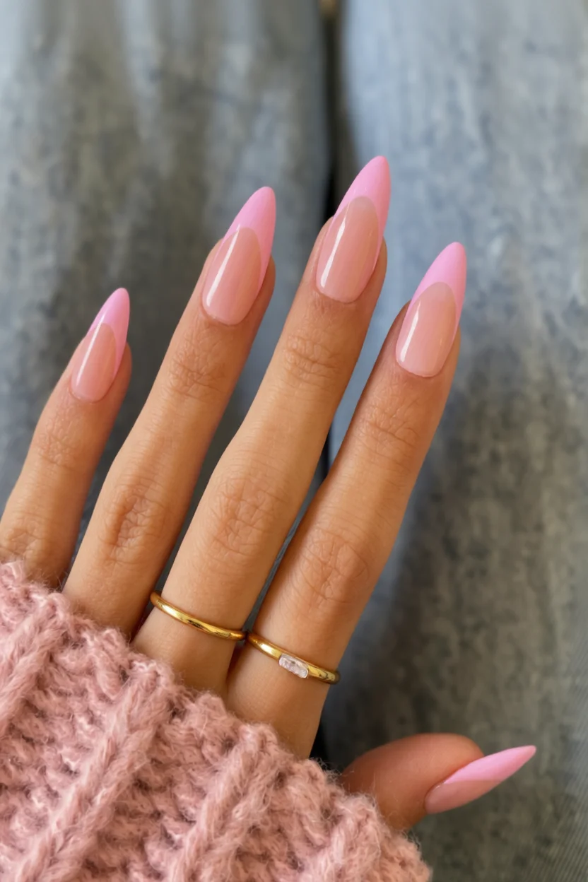 Uñas largas forma almendra con diseño francés en tonos rosa pastel