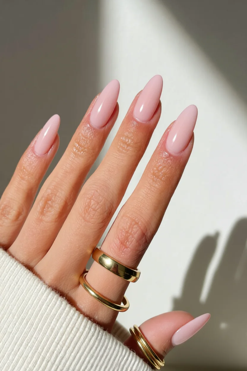 Uñas largas almendradas en rosa pastel brillante con anillos dorados