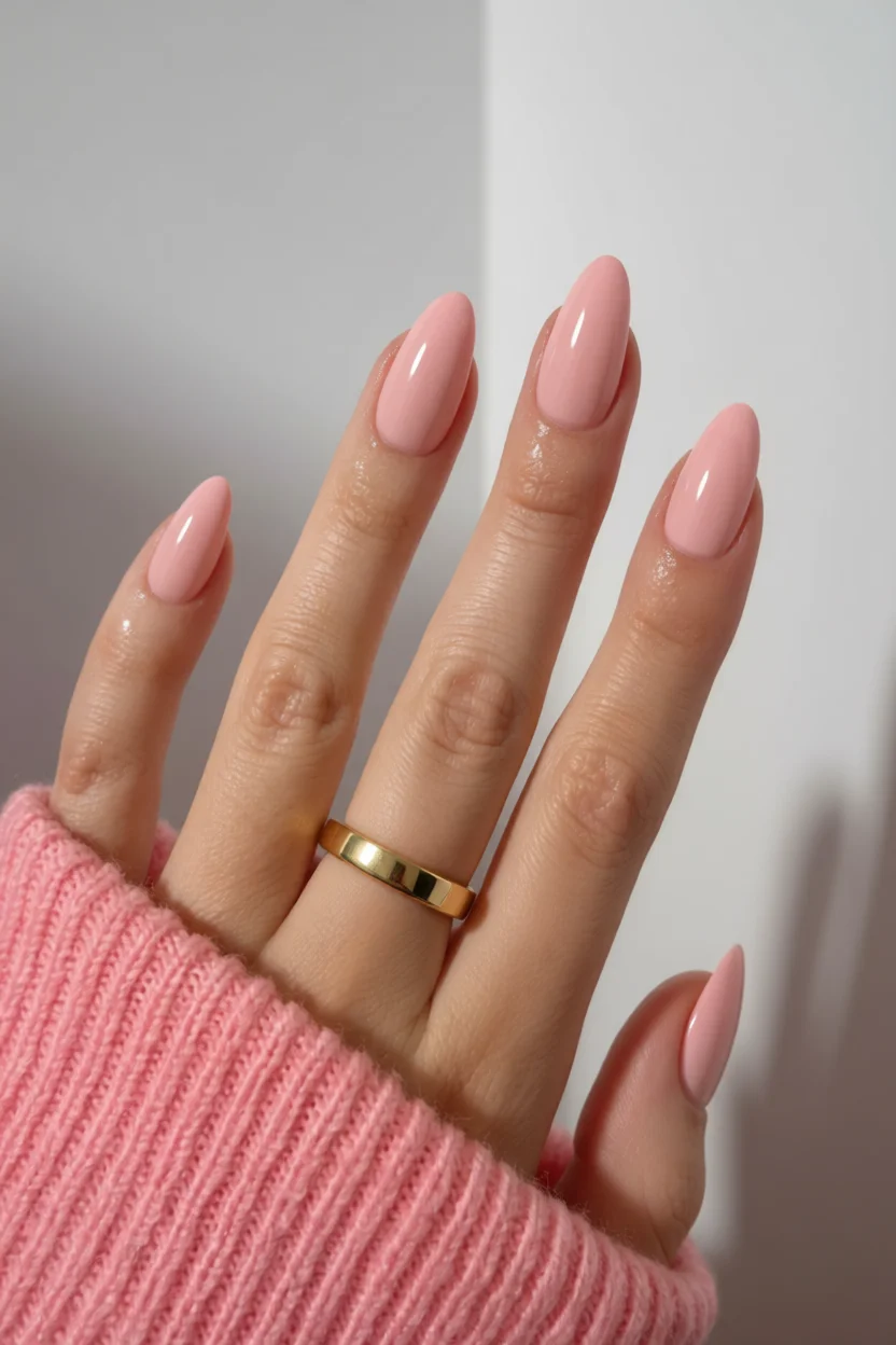 Mano con uñas almendradas en rosa pastel sólido y anillo dorado