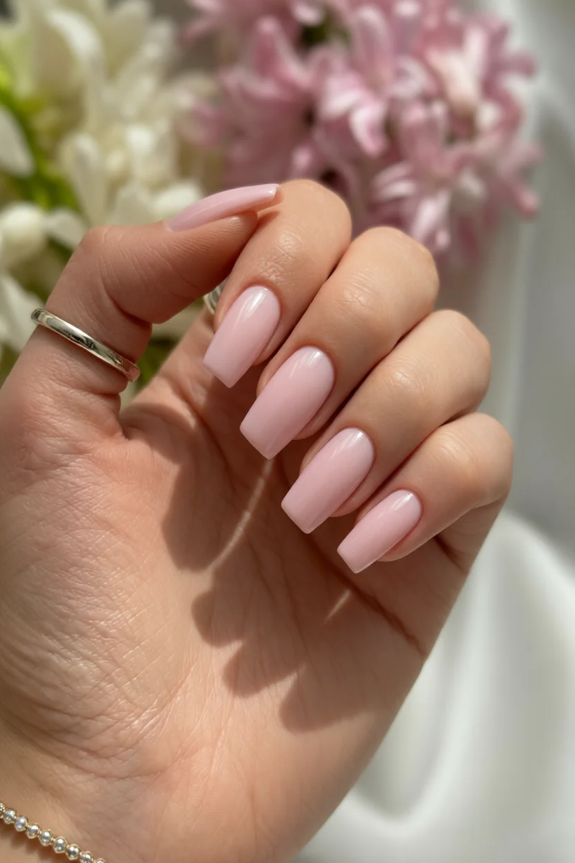 Mano con uñas largas en forma rectangular pintadas de rosa pastel brillante