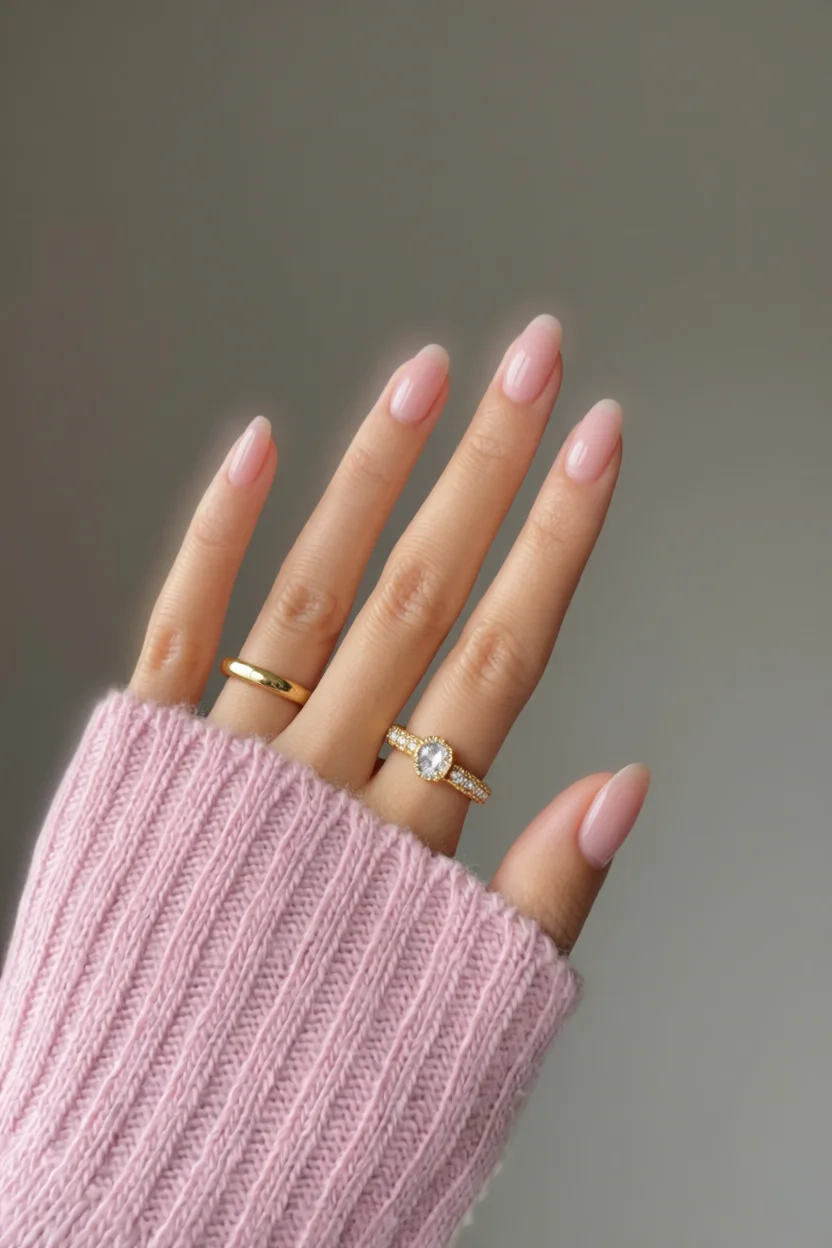 Mano con uñas francesas en tono rosa pastel suave y forma almendrada