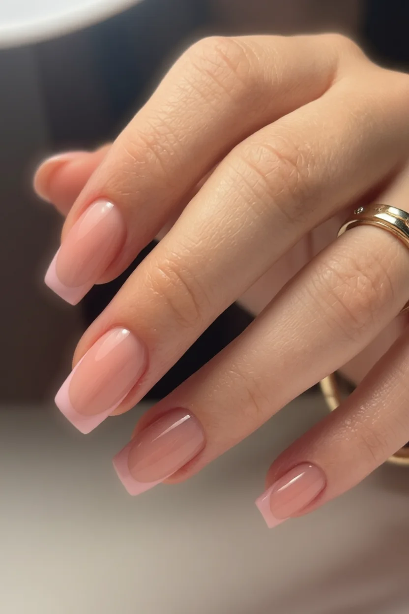 Uñas largas con forma cuadrada, manicura francesa en rosa pastel