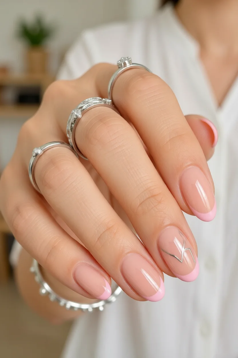 Uñas ovaladas con francesa rosa pastel y línea geométrica plateada