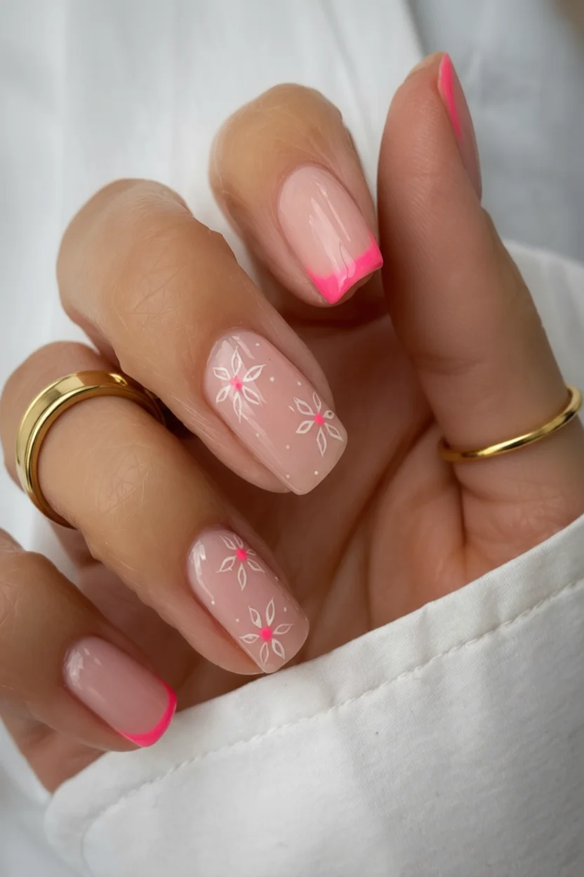 Uñas ovaladas con diseño francés en rosa neón y flores blancas decorativas