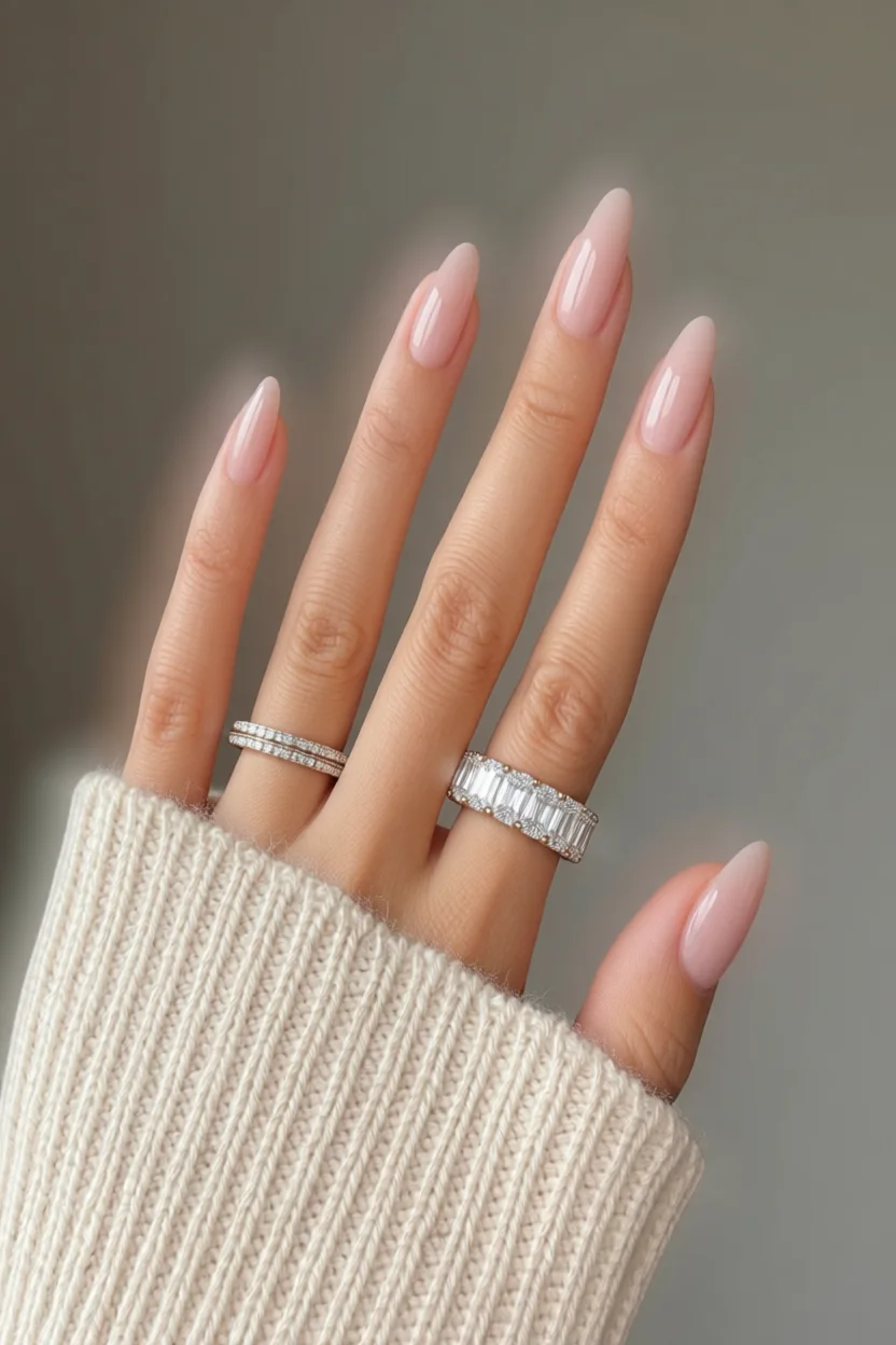 Mano con uñas largas en forma de almendra, manicura rosa nude brillante con dos anillos de diamantes