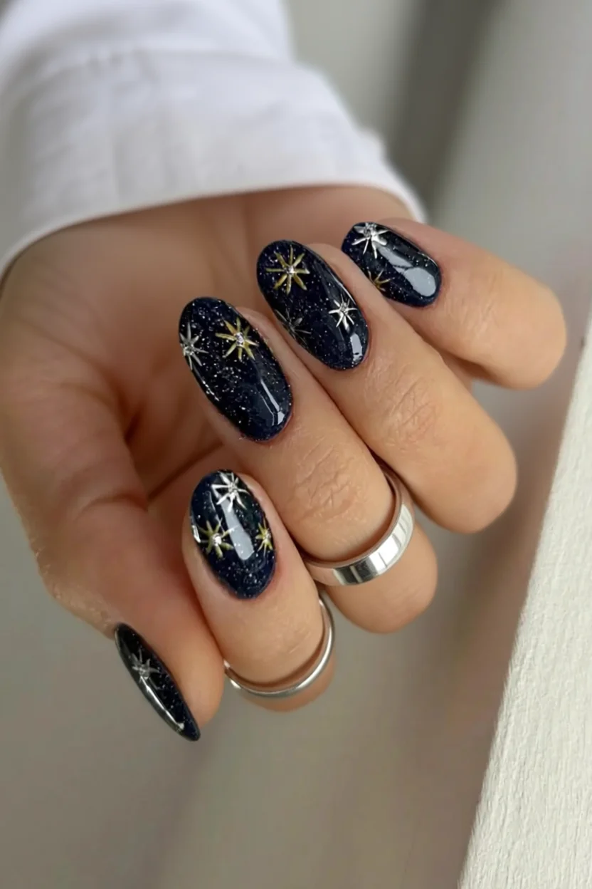 Uñas ovaladas azul marino con estrellas doradas y plateadas