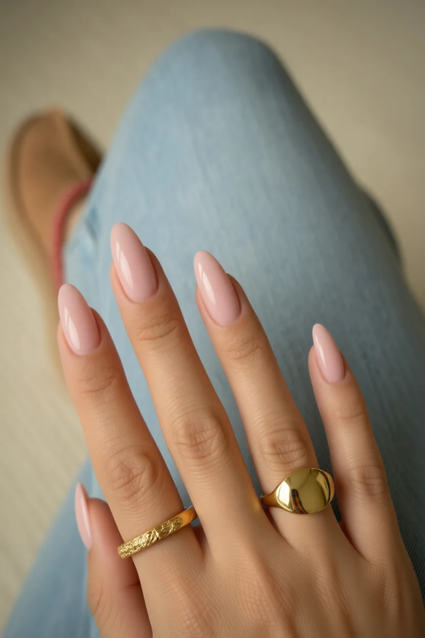 Mano con uñas largas en forma de almendra esmaltadas en rosa nude brillante con anillos dorados