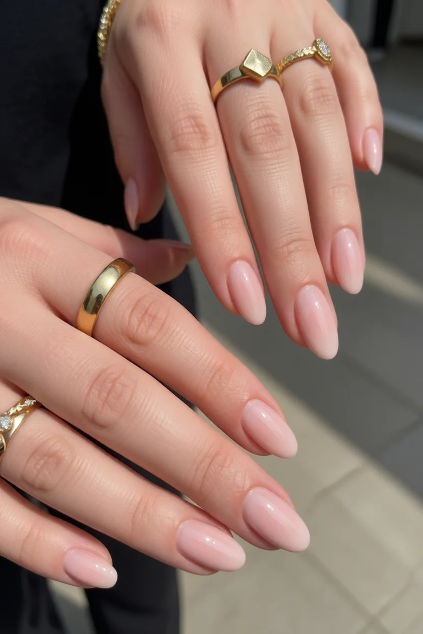 Uñas ovaladas en tono rosa nude con brillo y anillos dorados