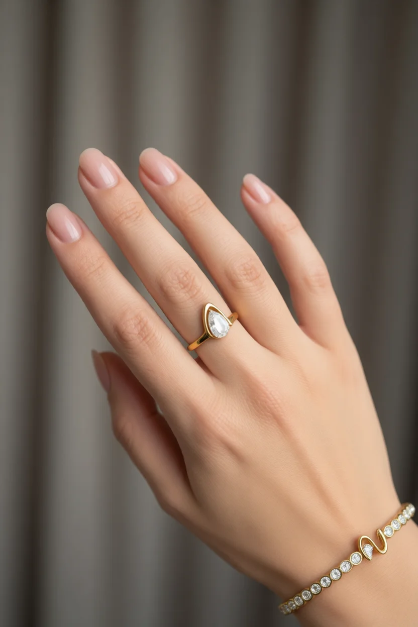 Mano con manicura nude brillante llevando anillo de oro con piedra blanca y brazalete de diamantes
