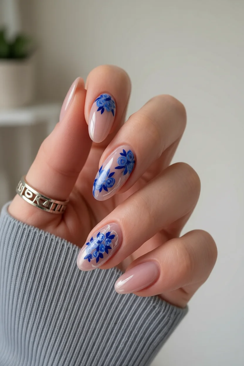 Uñas ovaladas con flores azules y base nude transparente