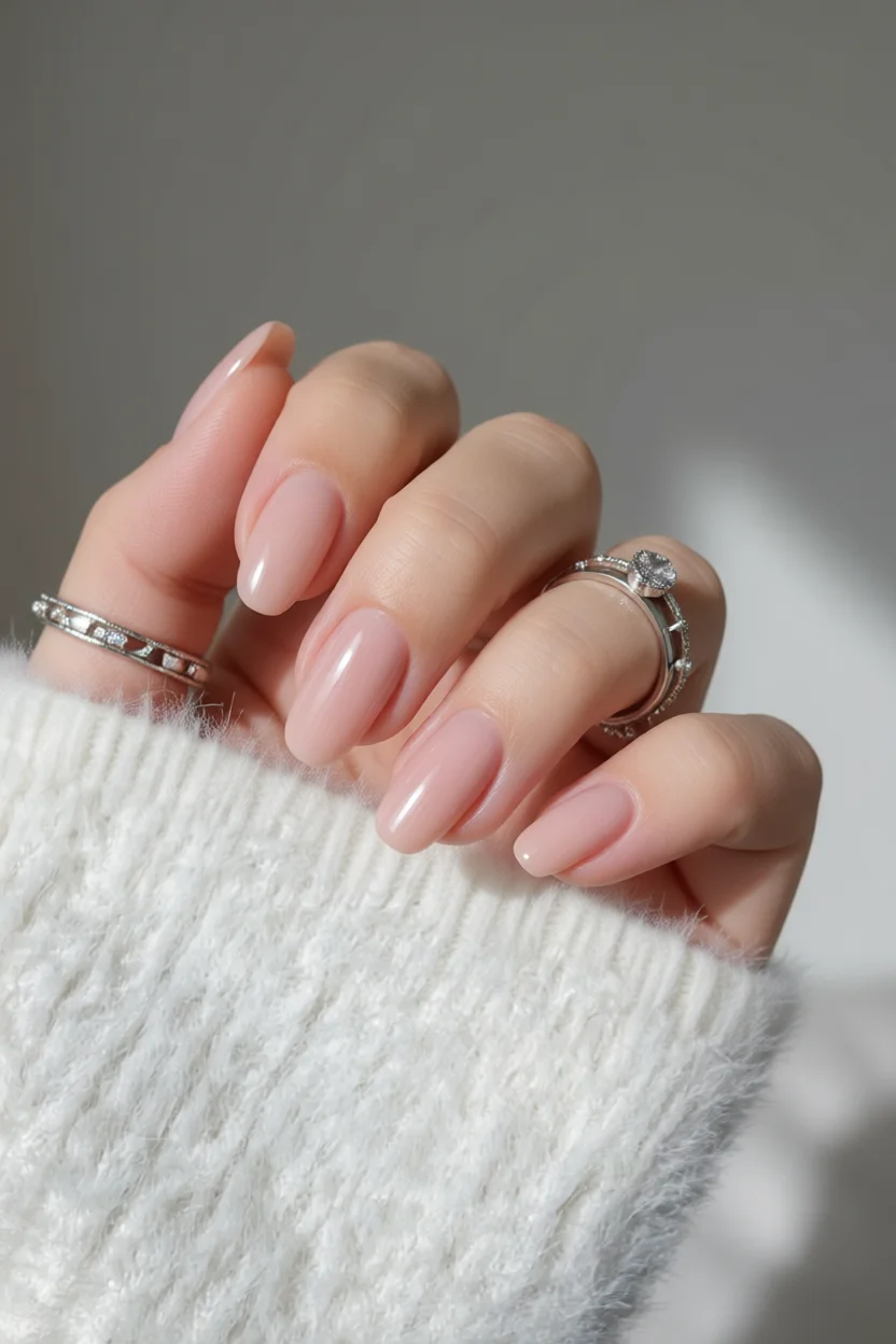 Mano con uñas almendradas en tono rosa nude brillante y anillos de plata
