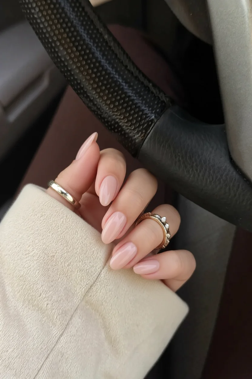 Mano con uñas rosadas en forma de almendra sobre el volante de un coche
