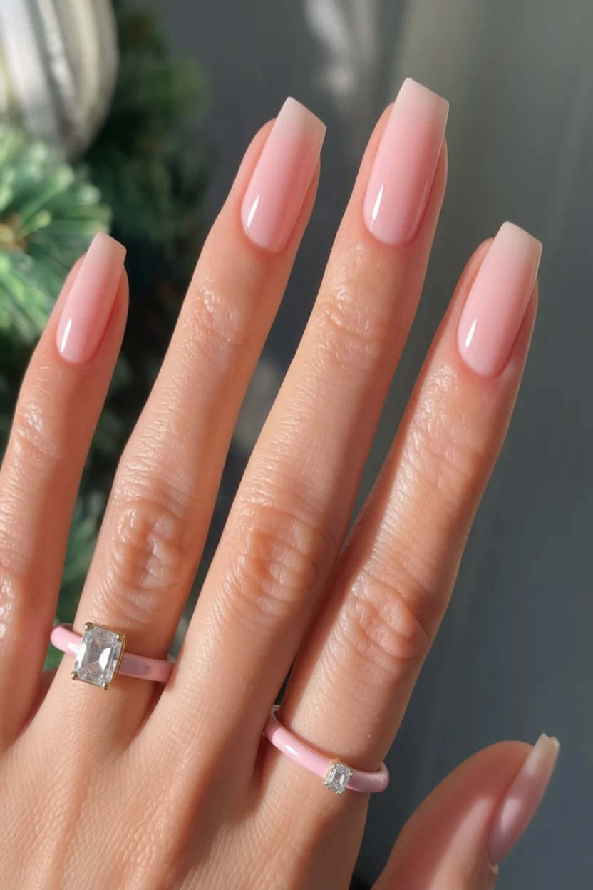 Mano con uñas largas cuadradas en tono rosa lechoso degradado y anillos con detalles en rosa