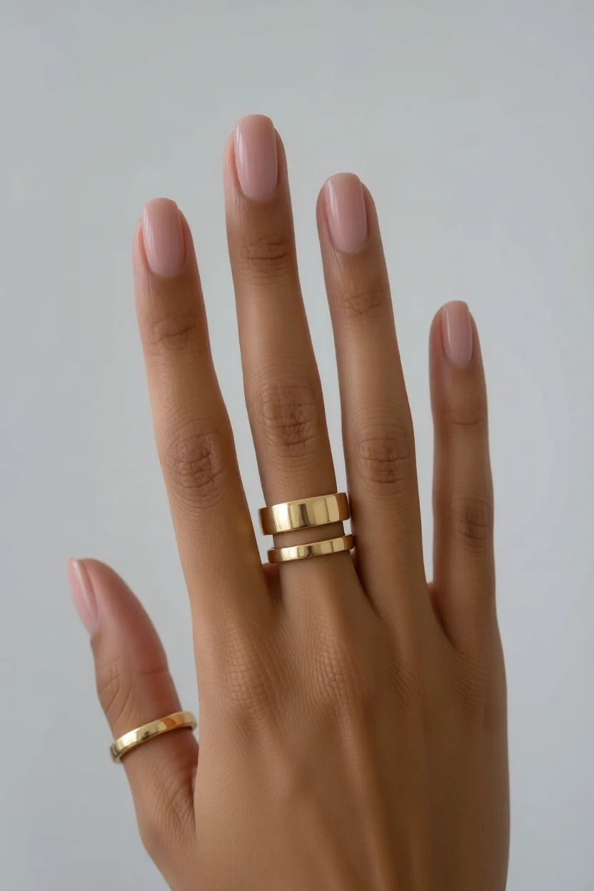 Mano con uñas largas en forma de almendra, esmaltadas en tono nude brillante, adornada con anillos dorados