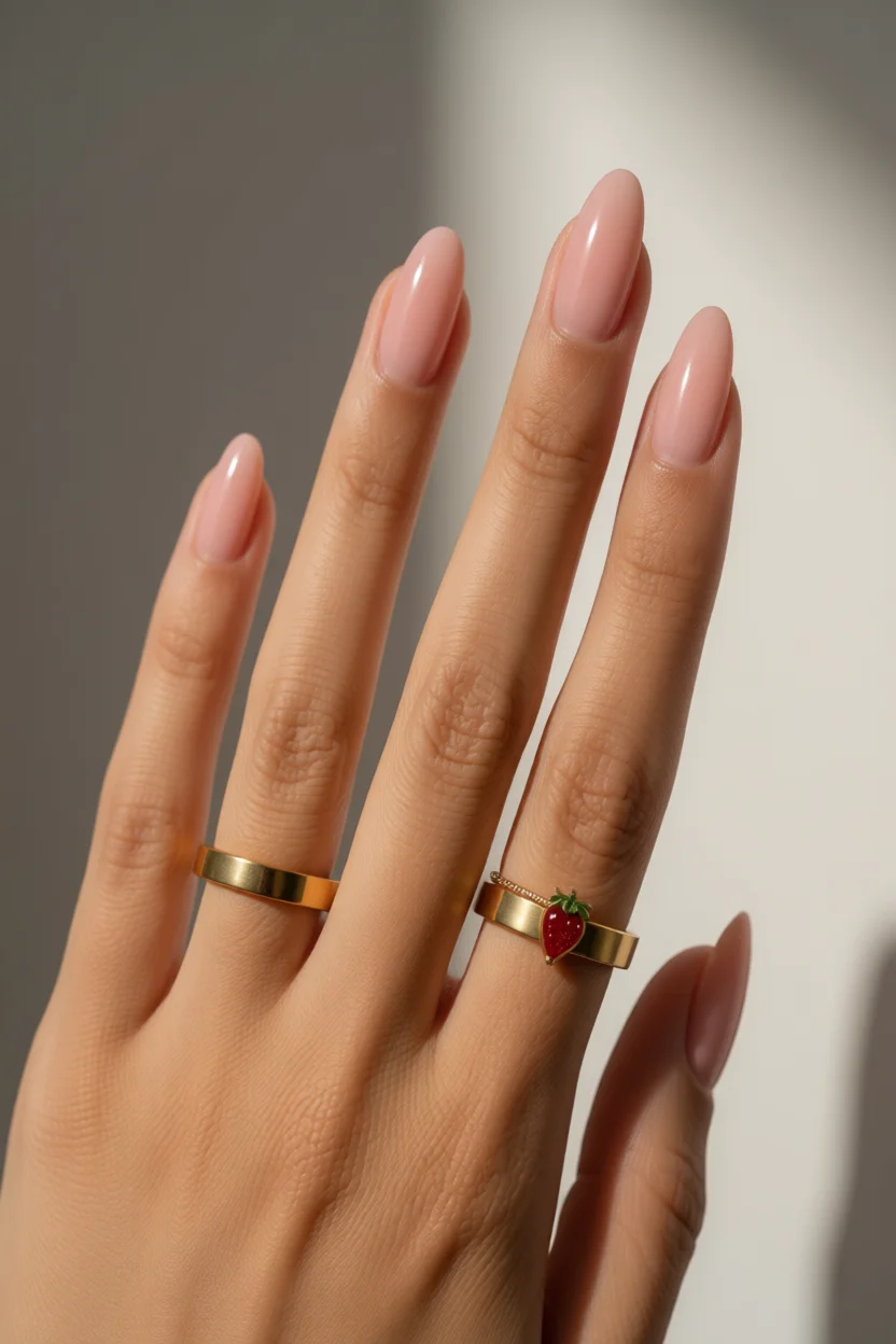 Mano con uñas medianas en forma ovalada color rosa nude con brillo, usando dos anillos dorados