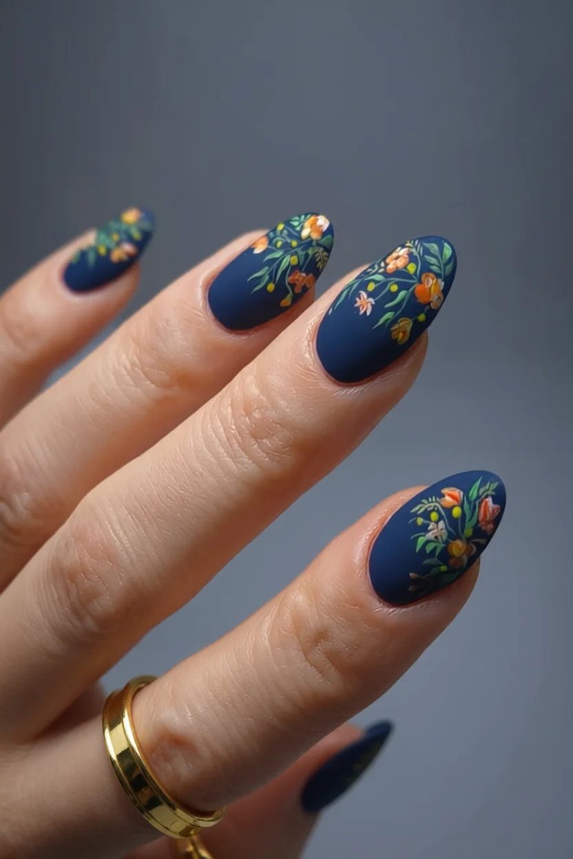 Uñas almendradas azul marino mate con decoración floral pintada a mano