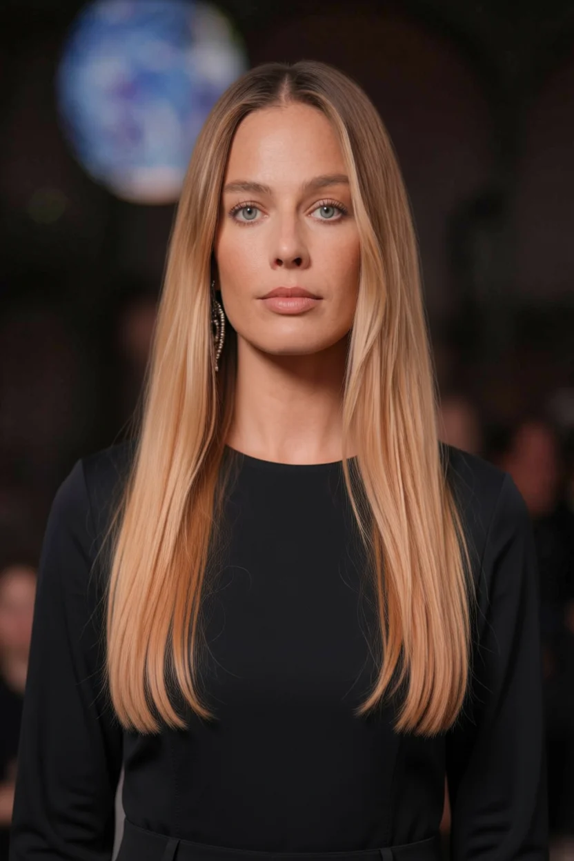 Mujer con cabello largo liso rubio con raya al medio