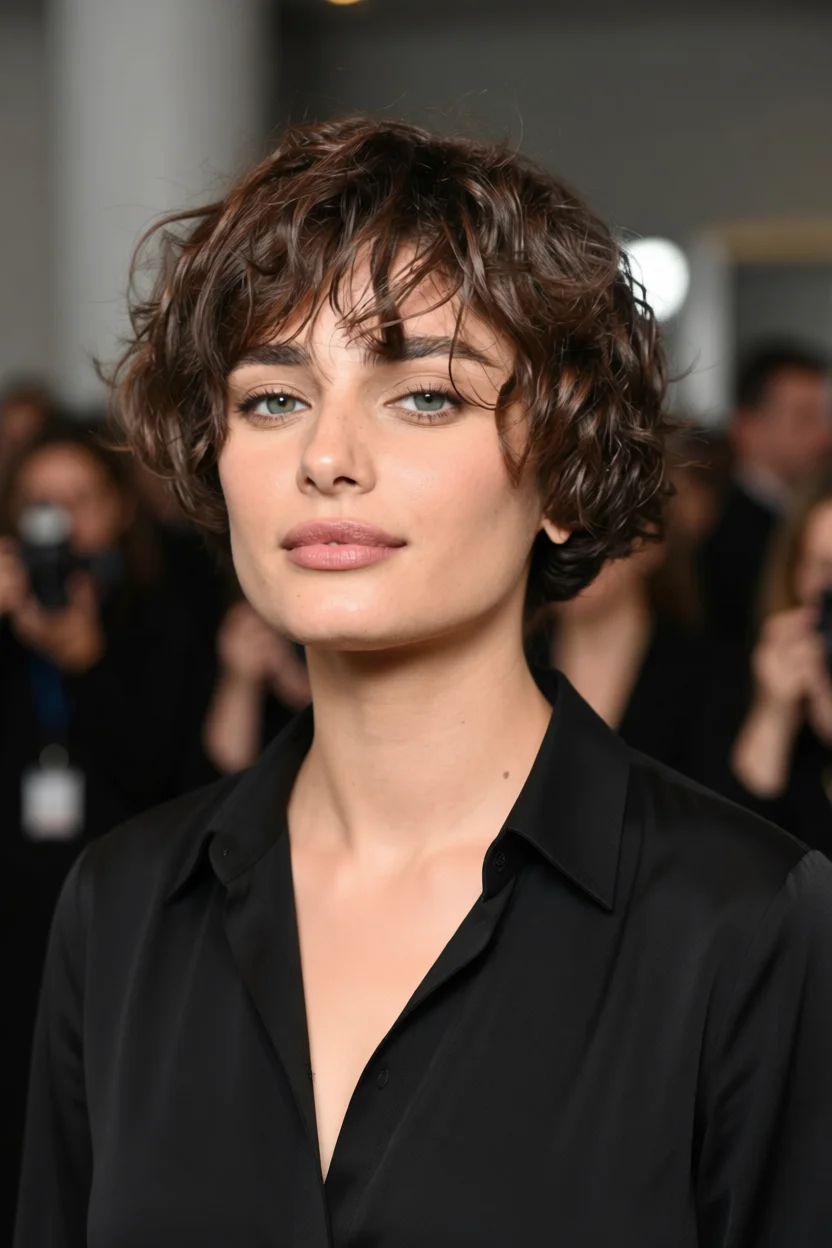 Mujer con corte pixie corto ondulado castaño con flequillo desfilado y blusa negra