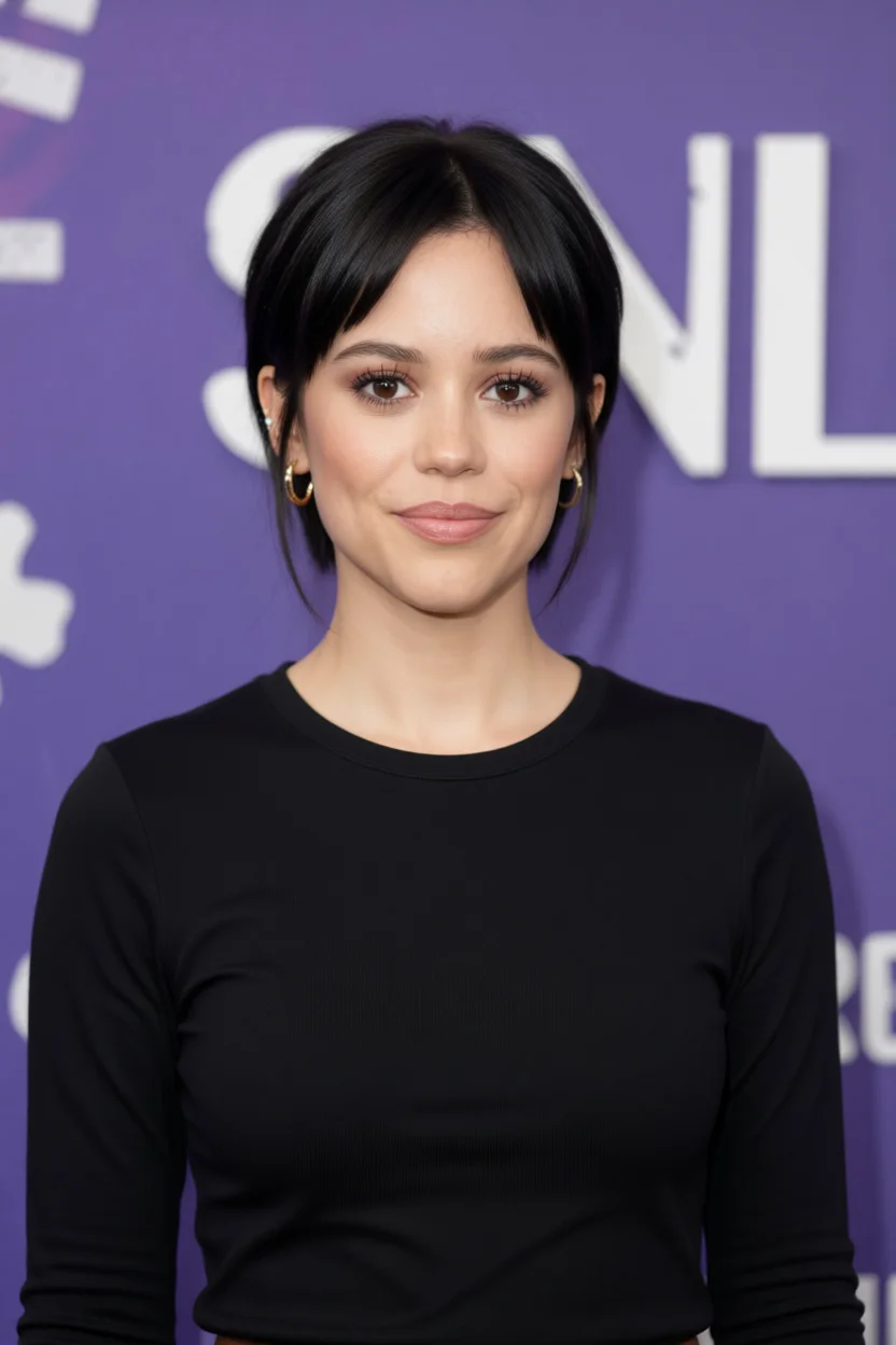 Corte pixie negro con flequillo corto recto y cabello liso hacia atrás