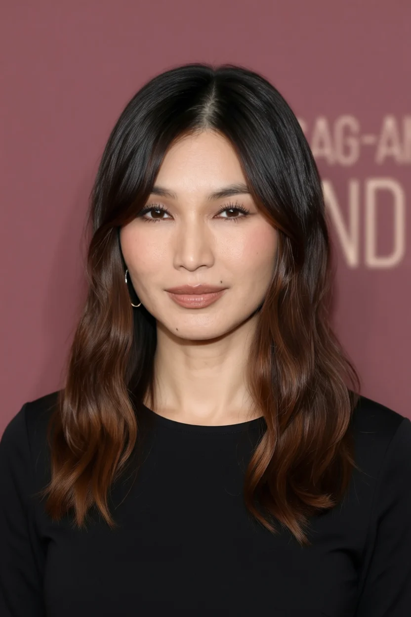 Mujer con cabello largo ondulado en tonos castaños con reflejos morenos y capas que enmarcan el rostro