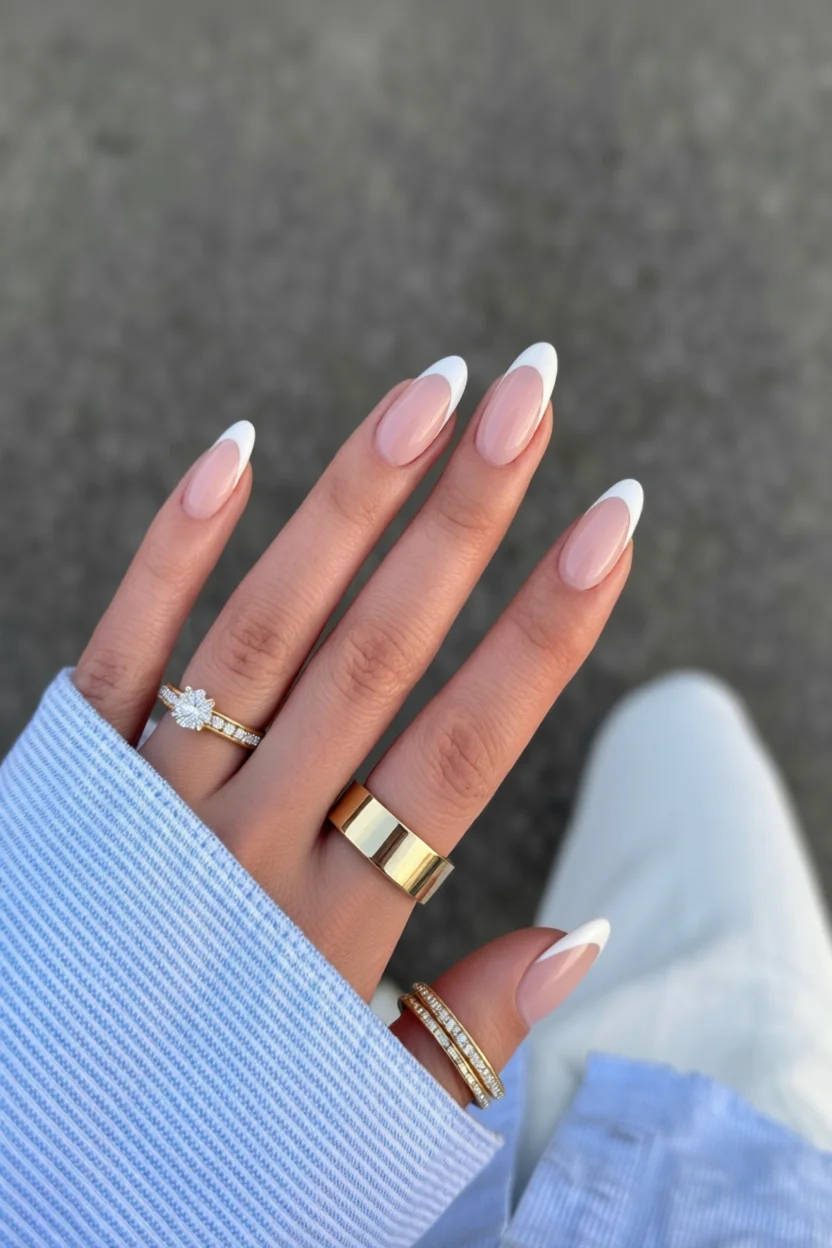 Mano con uñas francesas almendradas y anillo de compromiso