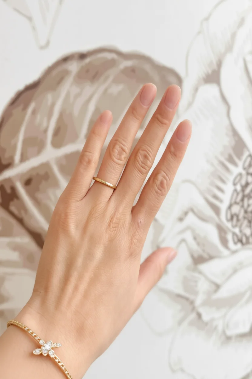 Mano con uñas naturales y anillo de compromiso dorado