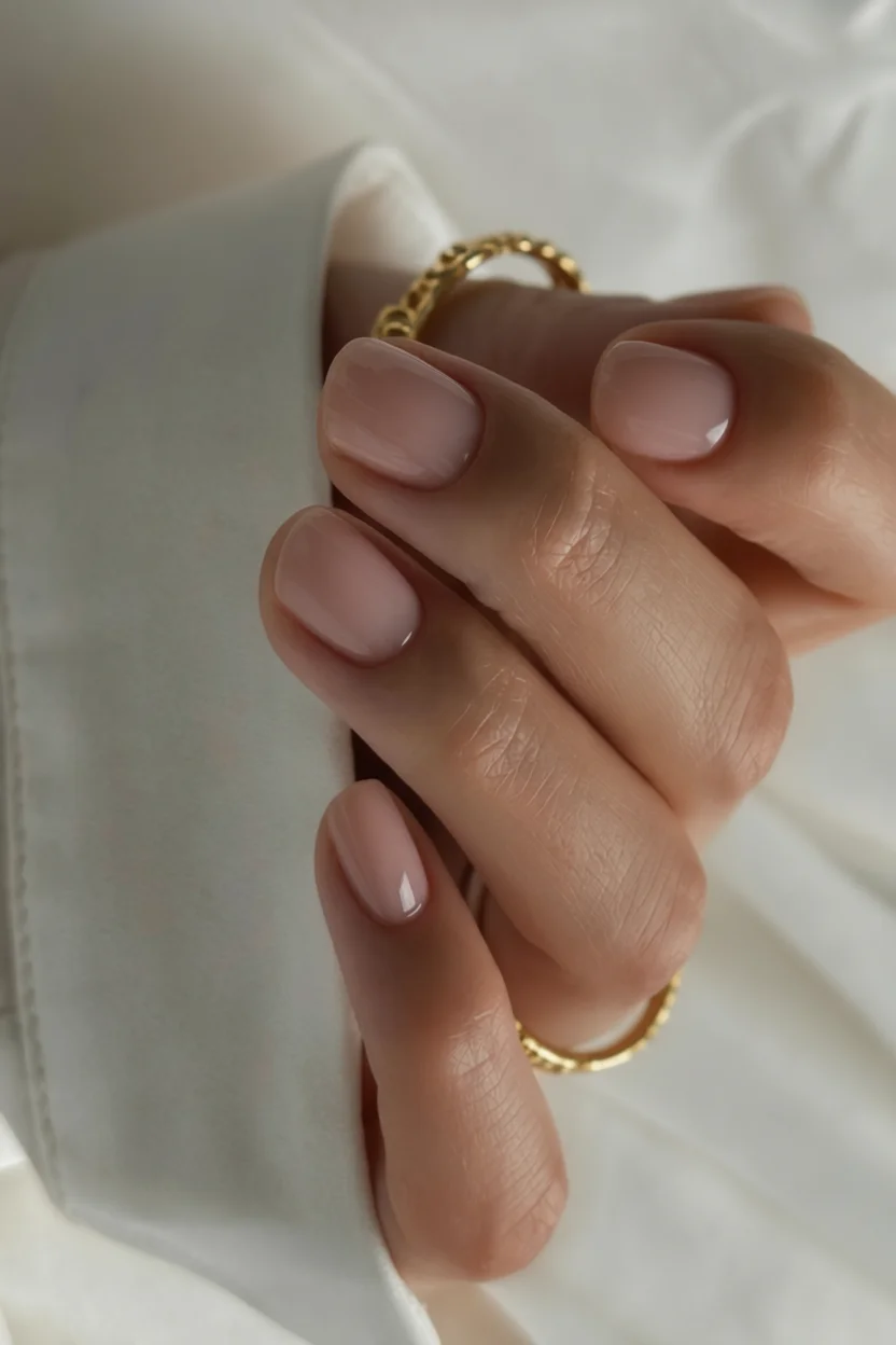 Mano con uñas cortas en tono nude brillante luciendo un anillo de compromiso