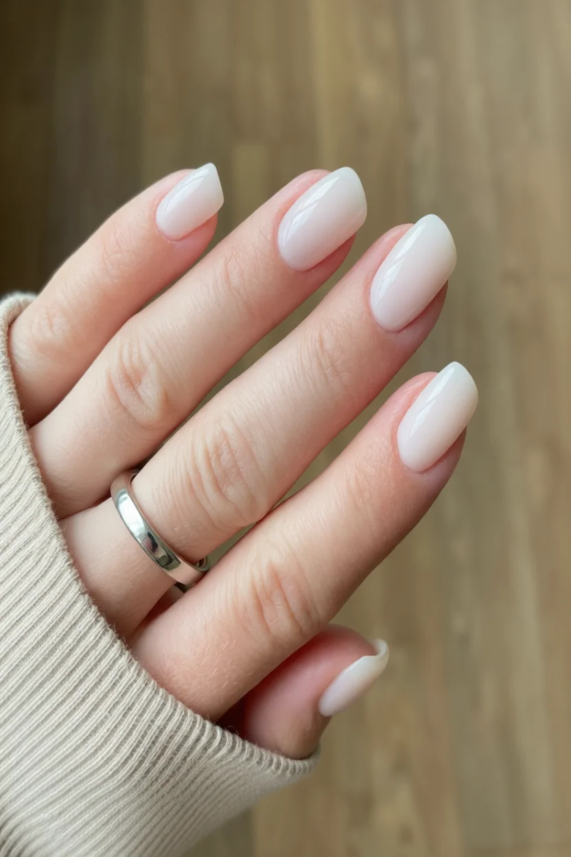 Mano con uñas ovaladas nude brillante usando anillo de compromiso