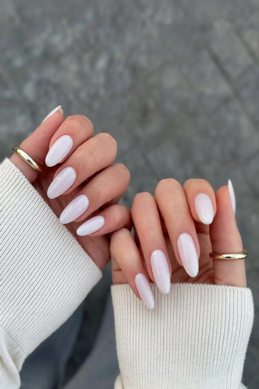 Manos con uñas largas almendradas en degradado rosa lechoso a blanco y anillos dorados