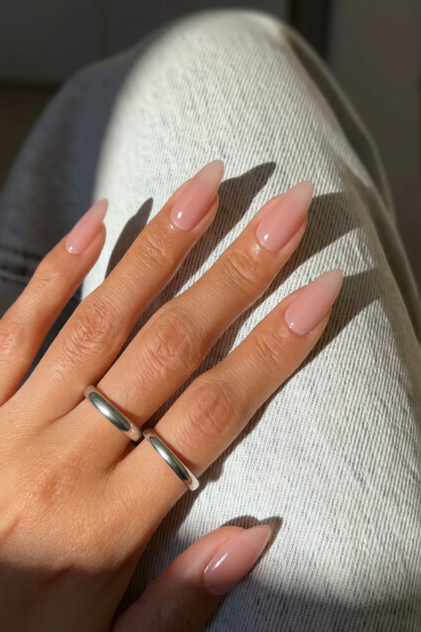 Mano con uñas almendradas nude brillante y anillos de plata sobre jeans
