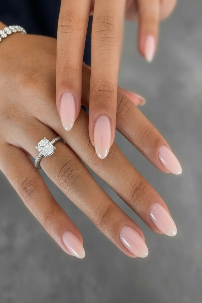 Mano con anillo de compromiso y uñas largas almendradas en rosa nude con acabado brillante