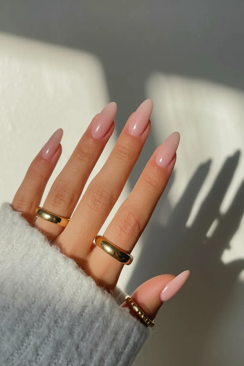 Mano con uñas largas en forma de almandra color rosa nude brillante luciendo anillos de oro
