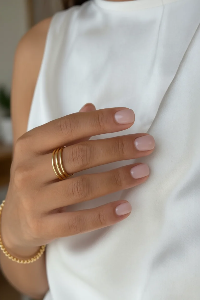 Mano con uñas cortas esmaltadas en nude rosado y anillo dorado
