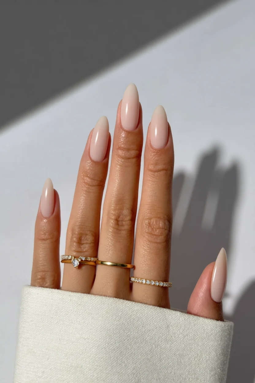 Mano con uñas alargadas en tono nude degradado y anillos de compromiso
