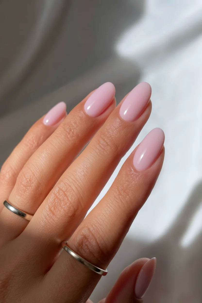 Mano con uñas pintadas de rosa claro en forma almendrada y dos anillos de compromiso