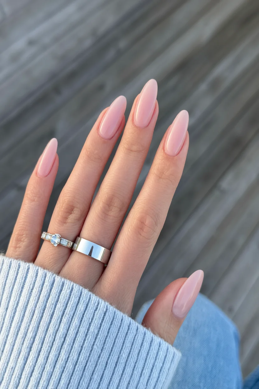 Mano con uñas largas en forma de almendra pintadas de rosa pastel brillante y anillos de compromiso