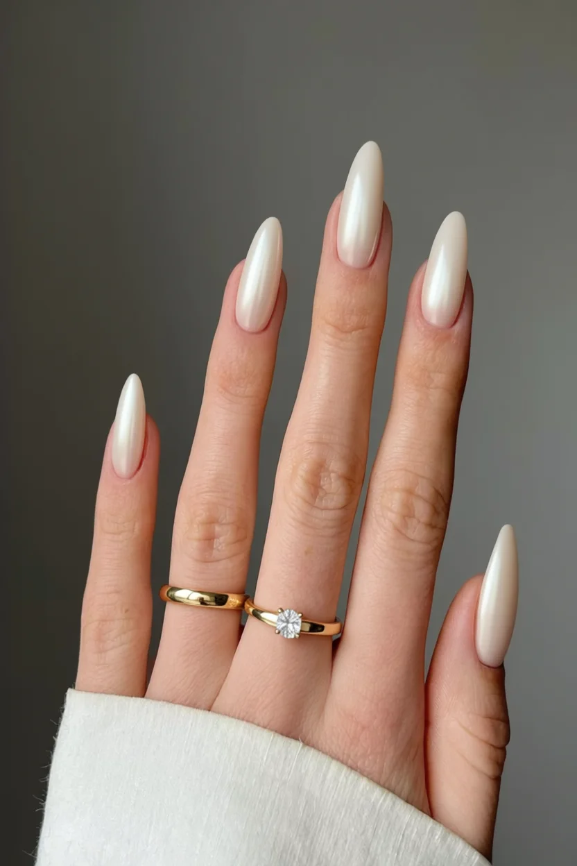 Mano con uñas largas almendradas con acabado perla y anillo de compromiso