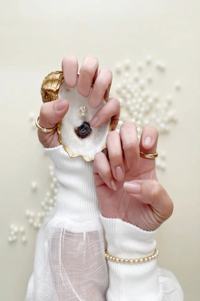 Mano con uñas nude y ostra con perla decorada con anillos dorados