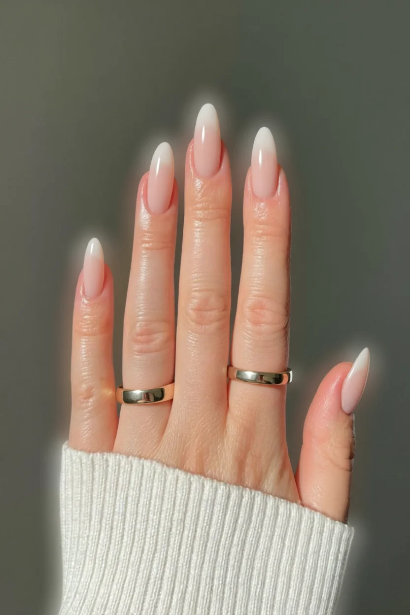 Mano con uñas largas ovaladas en francés nude y dos anillos de compromiso